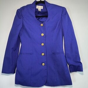 Casual Corner Petite Vintage Royal Blue Blazer Gold Button Jacket 4P